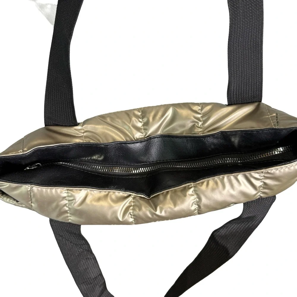 Puffer‎ Quilted Tote Shoulder Bag Metallic Gold Bronze Black Straps Zipper